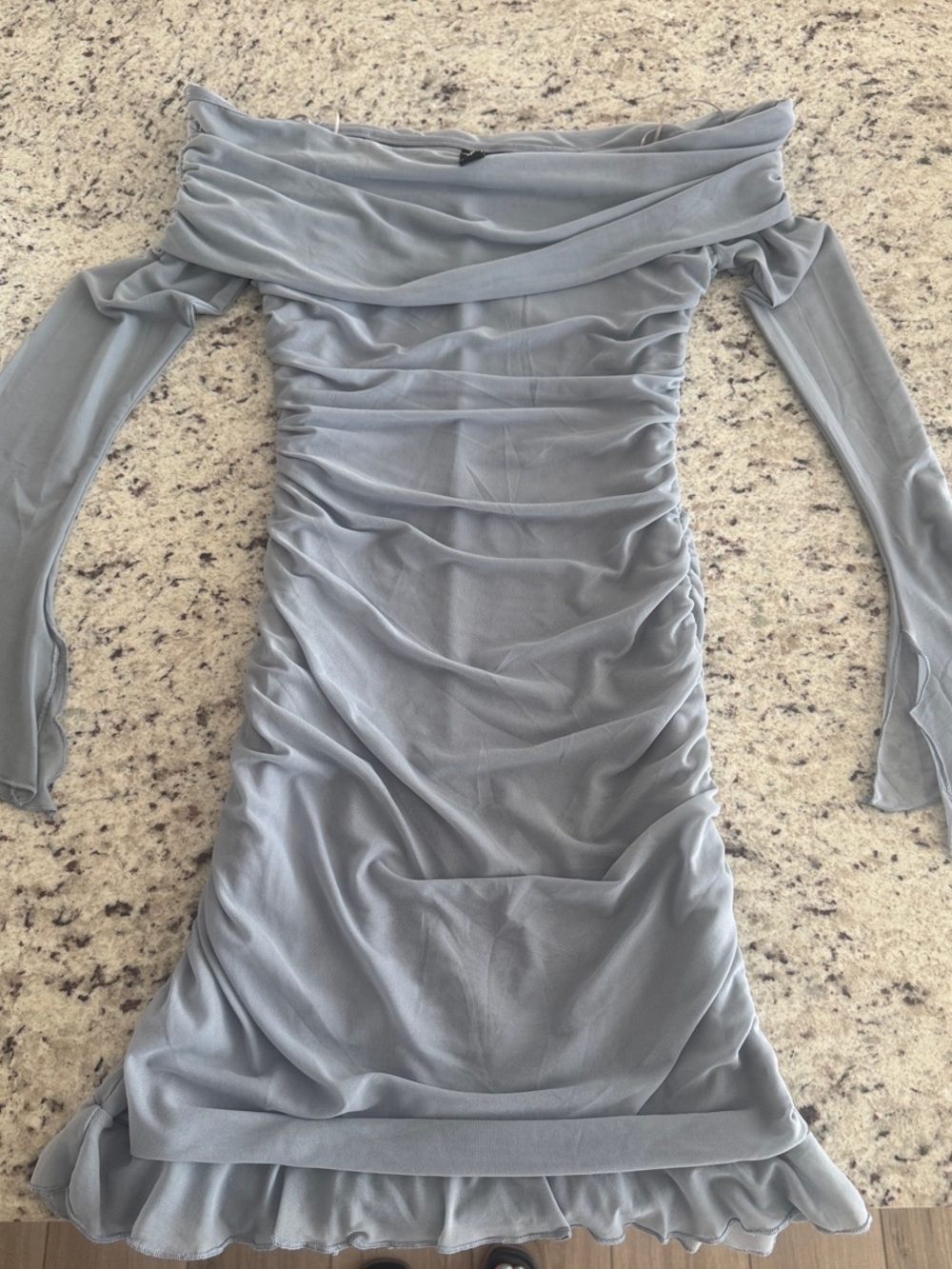 Never Worn Windsor Off-Shoulder Ruched Long Sleeve Dress in Light Blue-Gray